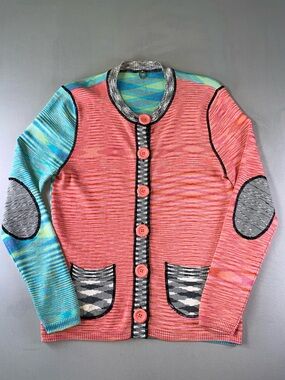 One Girl Who Colorblock Coral Aqua Large Button Lightweight Cardigan Size Small